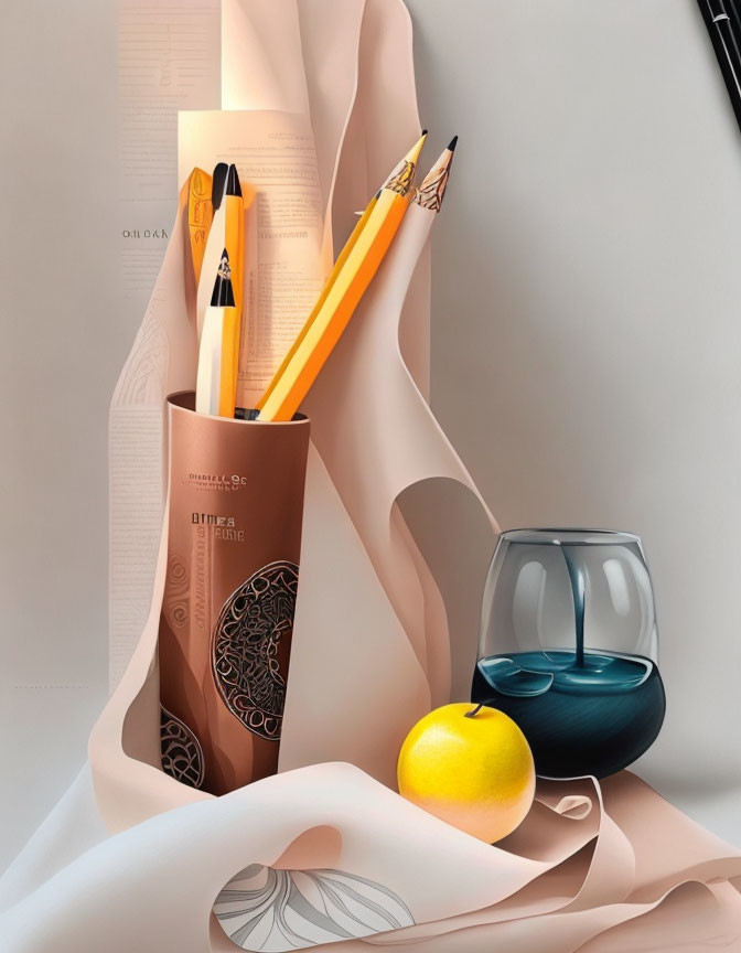 Still life composition: pencils, lemon, glass with blue liquid in decorative cup on beige backdrop.