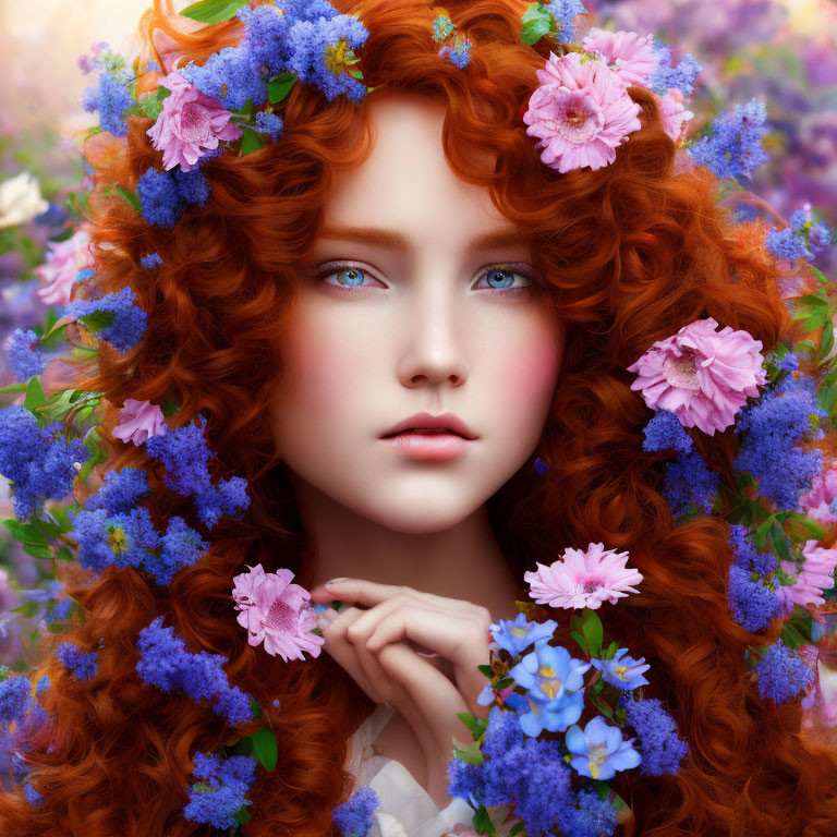 Young woman with red curls and blue eyes wearing flower crown in colorful floral setting