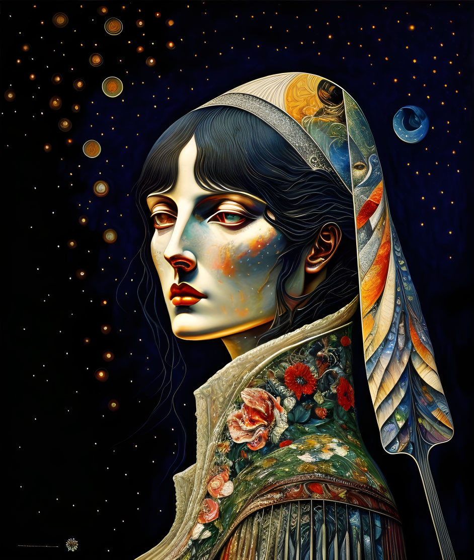 Celestial-themed woman artwork with embroidered garment and starry background