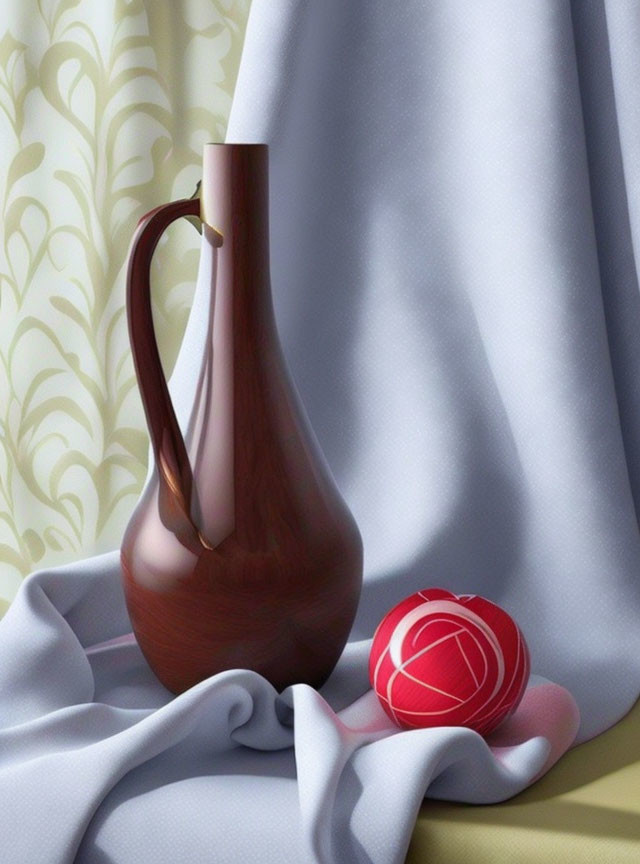 Brown jug and red ball with string patterns on white cloth and green curtain.