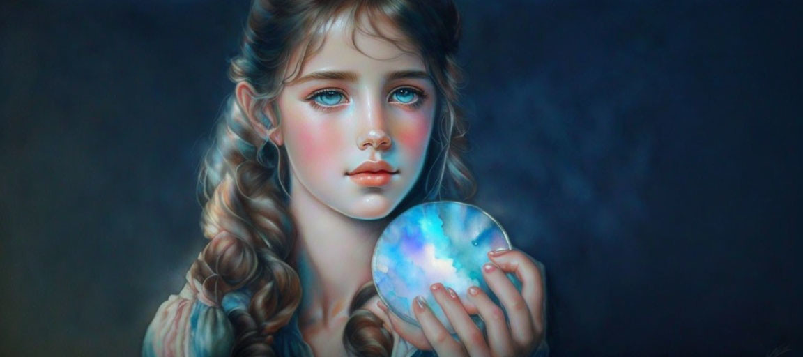 Digital painting of young girl with blue eyes holding luminescent orb reflecting cosmic patterns