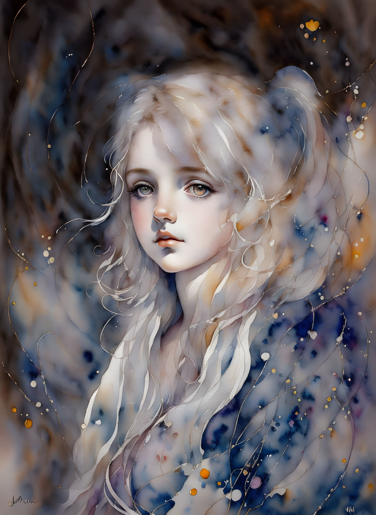 Illustrated portrait of young woman with blond hair and blue eyes on ethereal background.