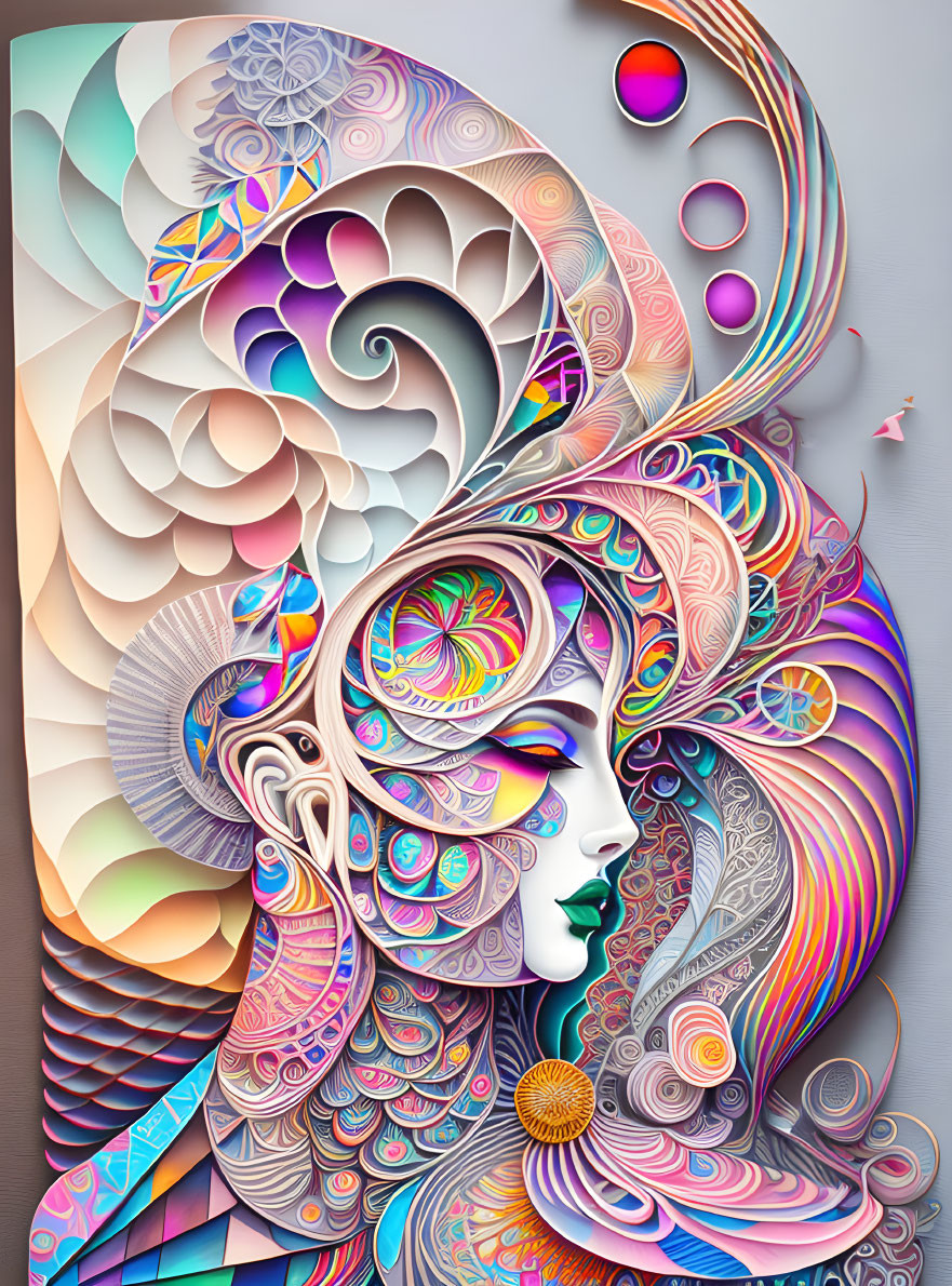 Colorful digital artwork: Woman's profile with intricate patterns