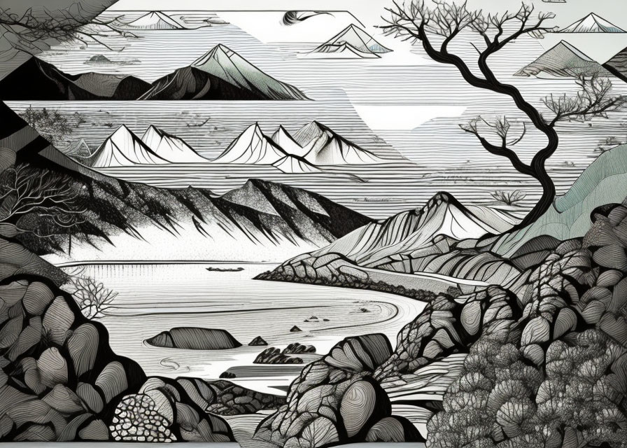 Detailed Monochromatic Landscape with Mountains, Lake, and Tree