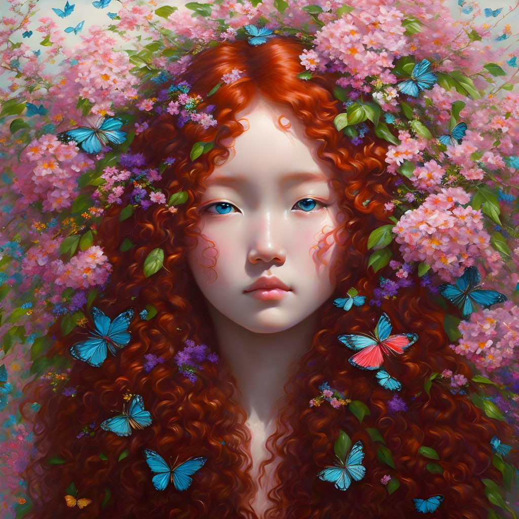 Digital artwork: Woman with red curly hair, fair skin, pink flowers, blue butterflies. Serene