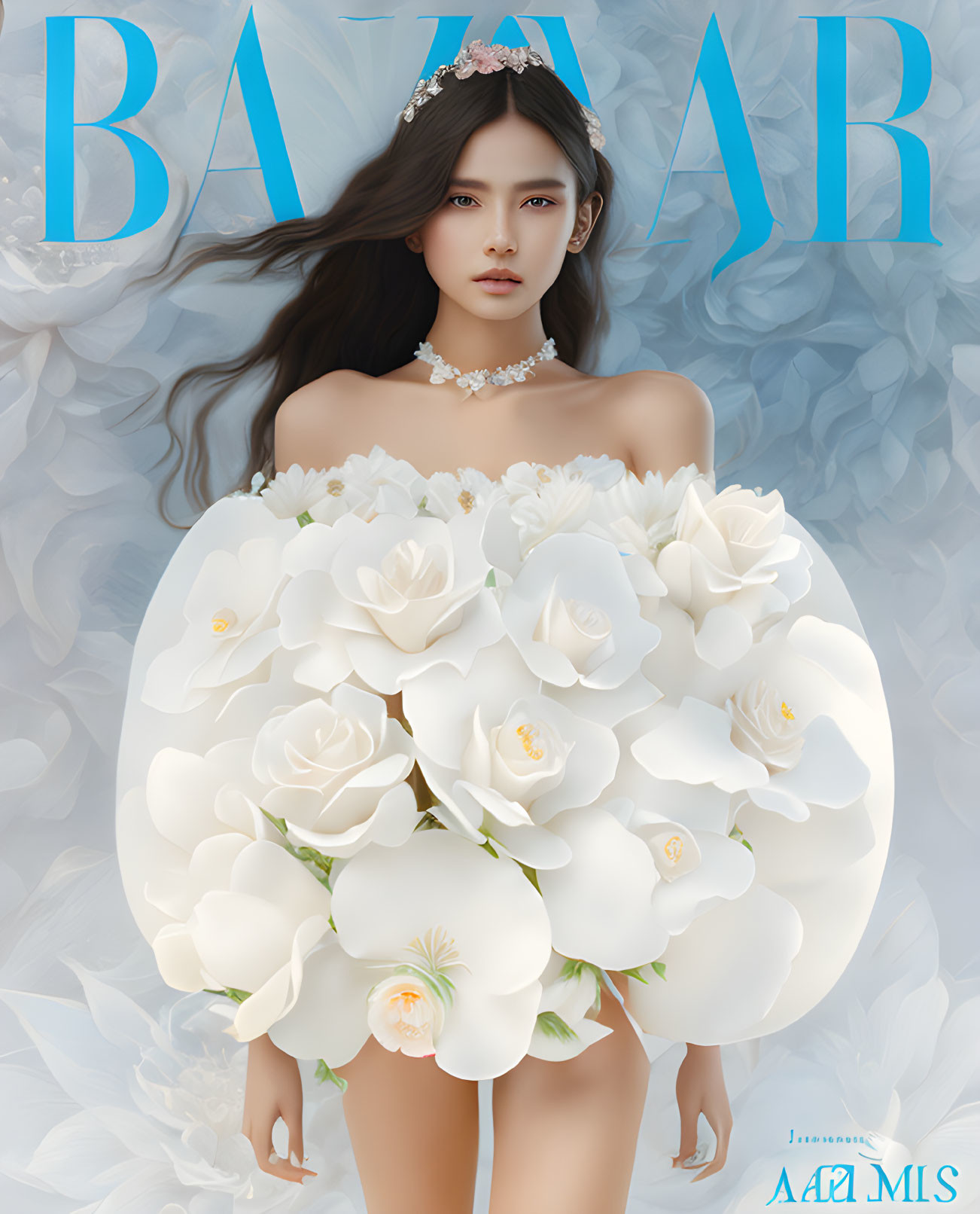 Illustrated Harper's Bazaar cover: Woman with dark hair, letters forming title, white flowers,