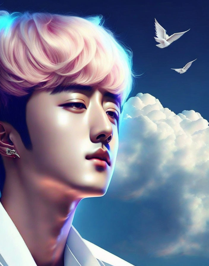 Stylized portrait of person with pink hair against sky with clouds and birds