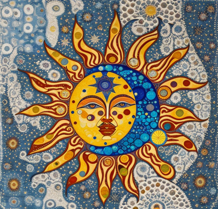 Vibrant sun illustration with human-like face and starry background