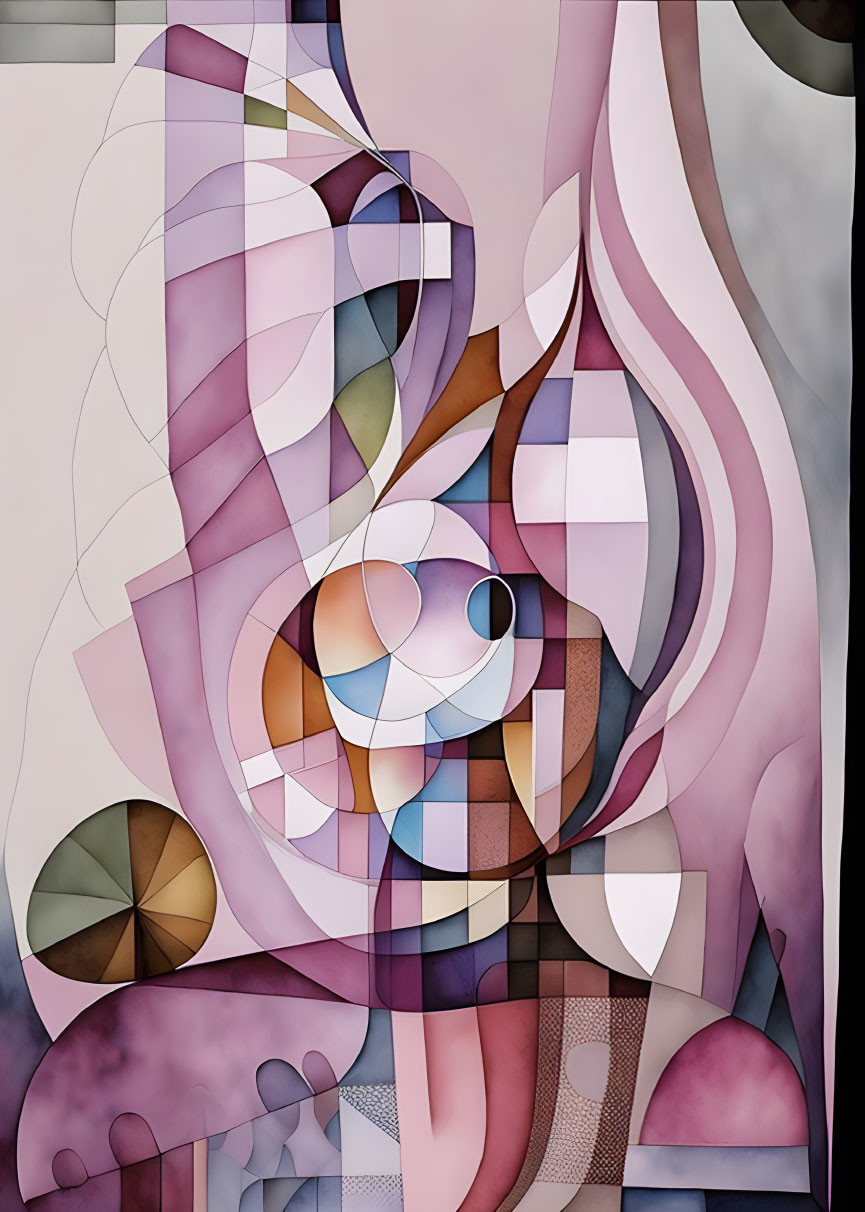 Curvilinear abstract art in muted pink, purple, and beige tones with circular and leaf motifs