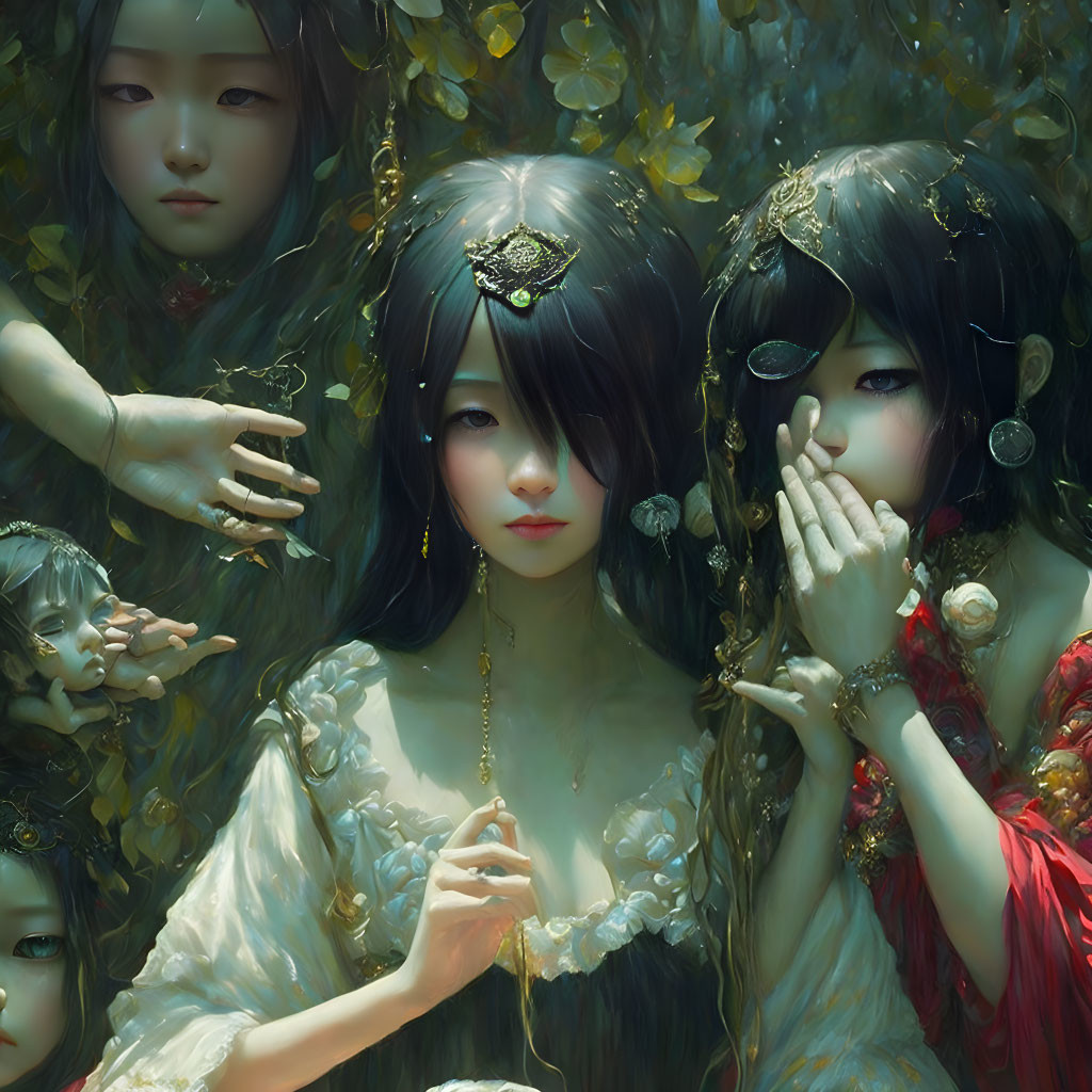 Fantasy-themed illustration of ethereal female figures with intricate jewelry in dreamy, green-toned setting