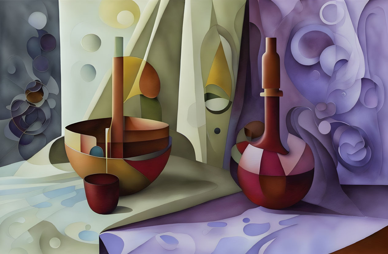 Geometric Cubist still life with bowl, cup, and bottle in harmonious colors