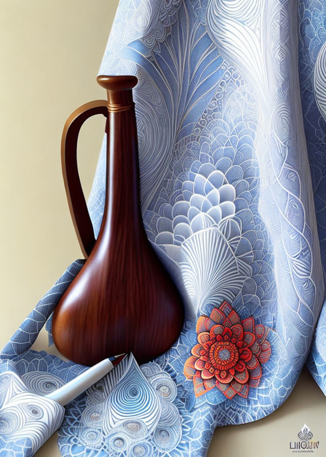 Wooden Jug on Patterned Fabric with Blue and Red Designs