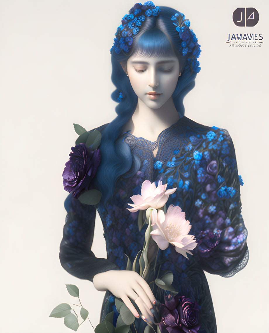 Digital artwork of a woman with blue hair and floral accessories in lace dress with roses.