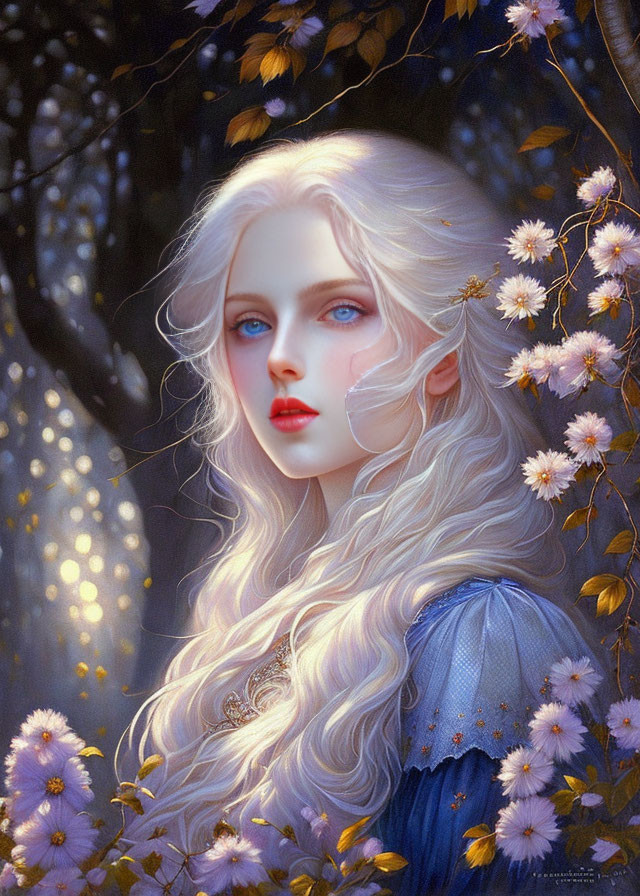 Illustration of woman with long white hair and blue eyes in blossoming tree setting