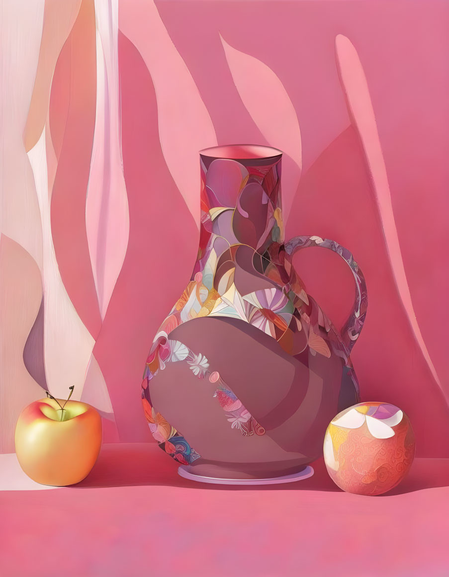 Colorful Patterned Pitcher with Apple and Ball on Pink Abstract Background