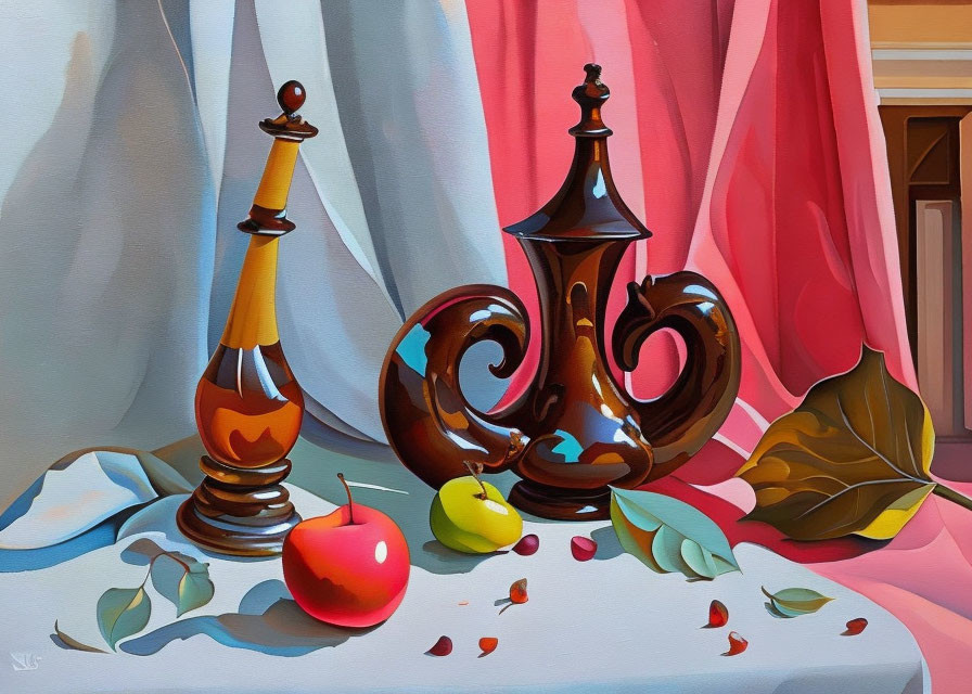 Colorful Still-Life Painting: Chess Pieces, Fruits, Vase, and Leaves