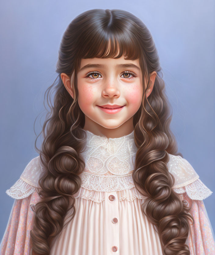 Young girl with long curly brown hair and pink dress illustration.