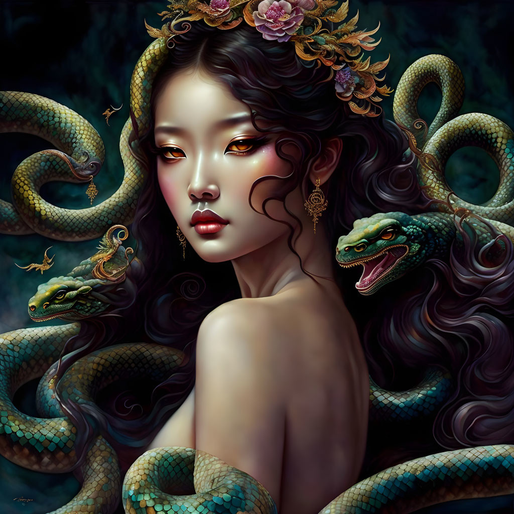 Mystical woman with flower-adorned hair surrounded by serpents