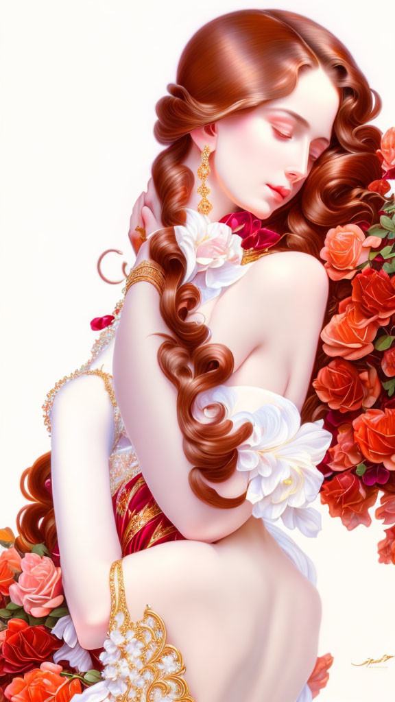 Illustration: Woman with Auburn Hair, Gold Jewelry, Surrounded by Roses