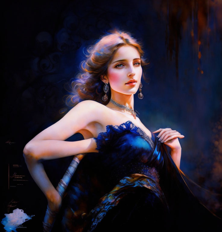 Digital Painting: Elegant woman in dark blue dress on moody background