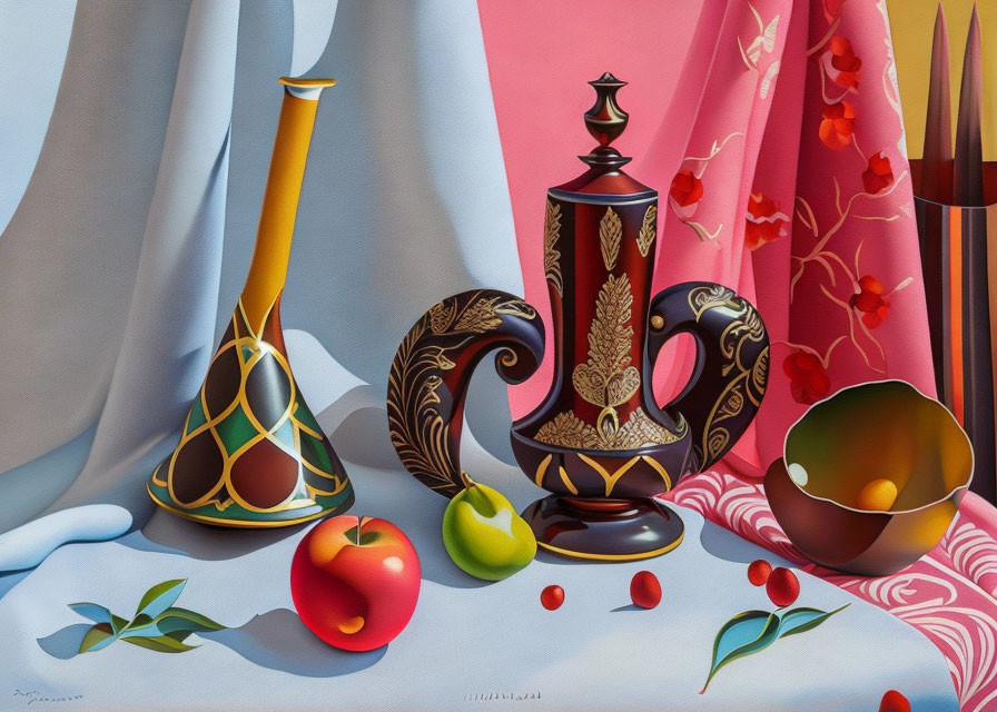 Ornate vases, drapery, red berries, and apples in a still life painting