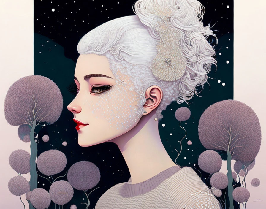 Detailed illustration: woman with white hair, freckles, serene expression, styled trees, starry