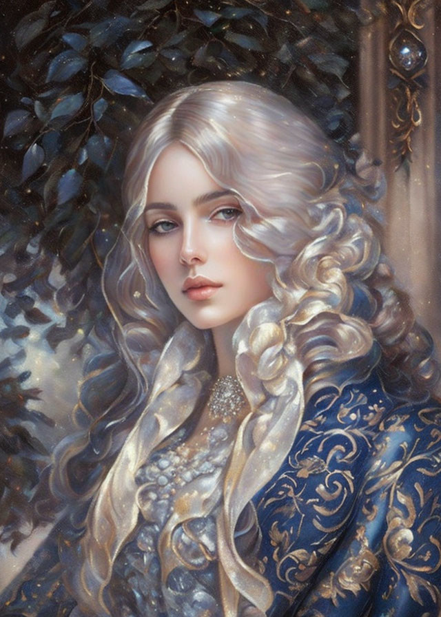 Portrait of woman with long platinum blonde hair and ornate blue cloak