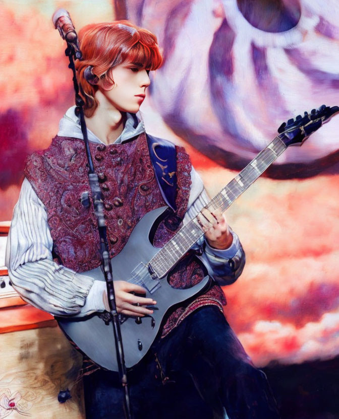 Androgynous Figure with Red Hair Playing Ornate Guitar in Vibrant, Abstract Setting