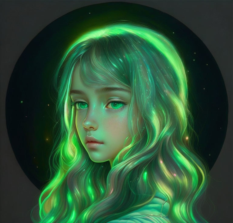 Illustration of girl with glowing green hair and eyes in halo of light on dark background.