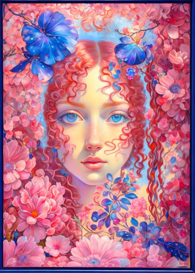 Colorful painting of woman with red curly hair in flower field