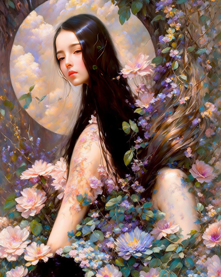 Portrait of woman with long dark hair in ethereal pastel flower setting