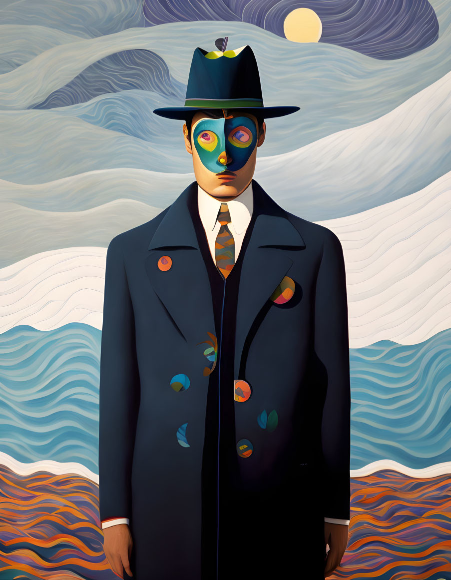 Surreal painting: man with fish, waves, sea & formal attire