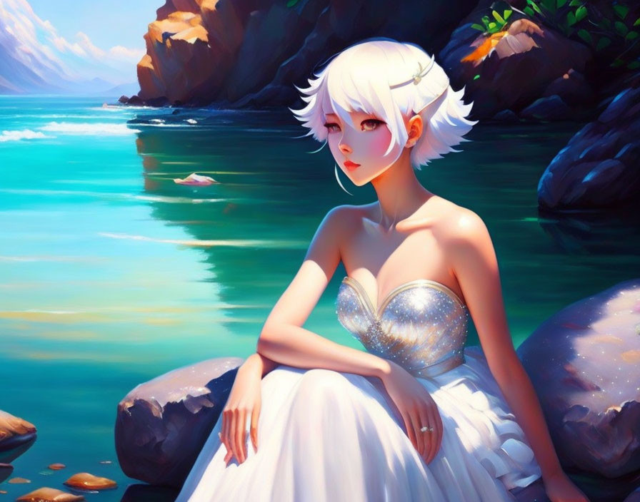 White-Haired Anime Character in Glittery Dress by Blue Sea