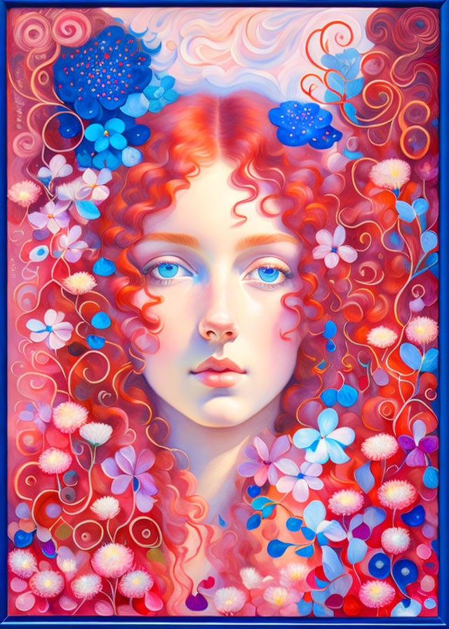 Vibrant red curls woman in surreal floral portrait