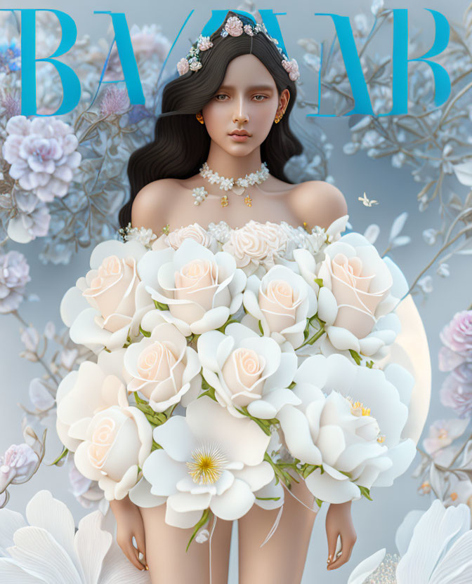 Dark-haired woman surrounded by flowers holding roses with "BARB" text overlay