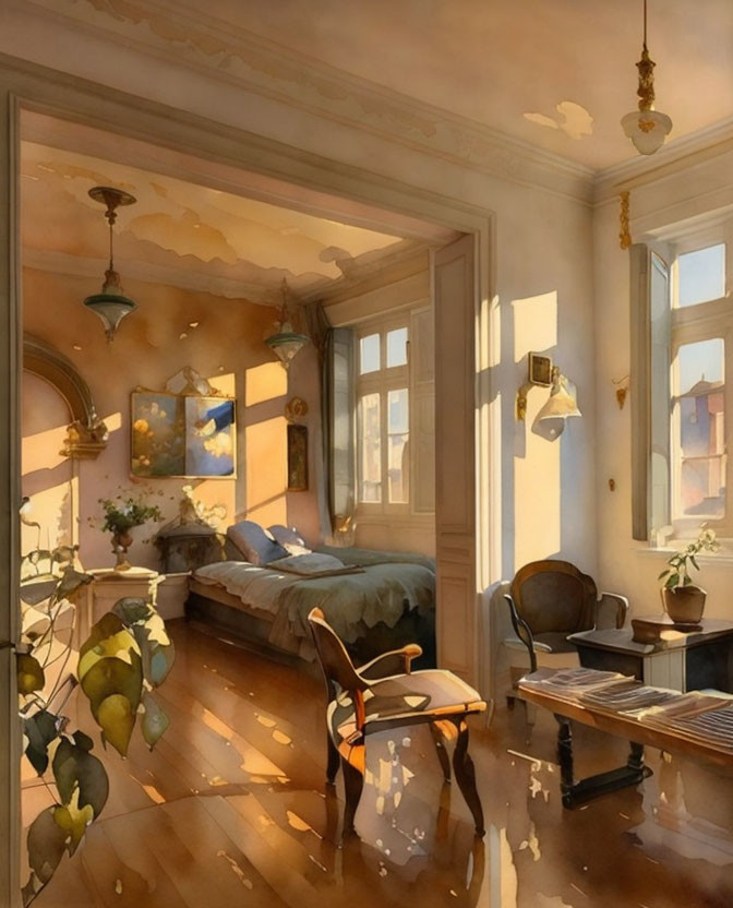 Sunlit Room with Bed, Paintings, Plants & Wooden Furniture