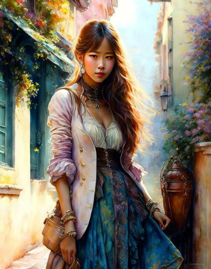 Historical fantasy woman with lantern in old European alleyway