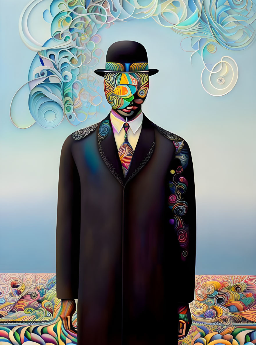 Colorful Surrealist Painting: Man in Hat and Suit with Abstract Patterns