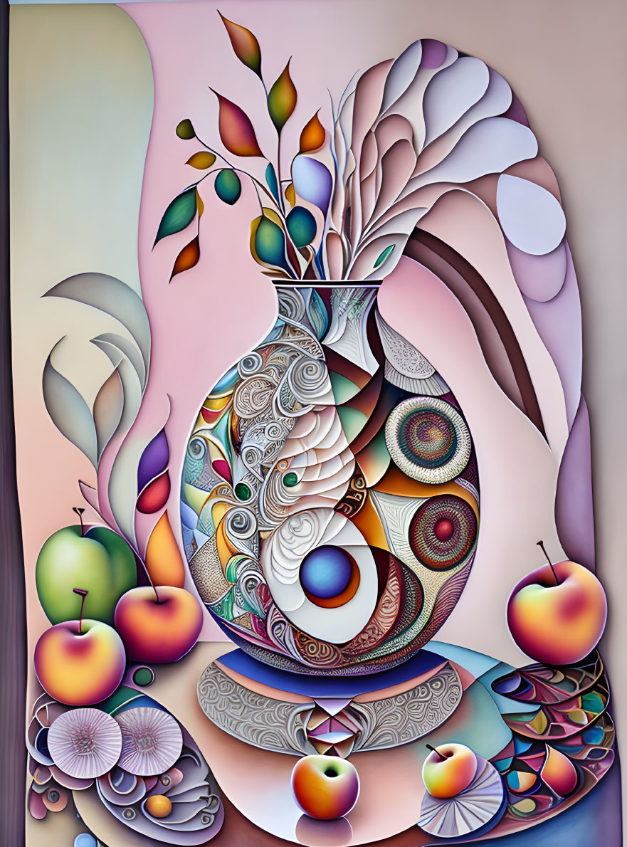 Colorful Still Life Painting with Patterned Vase & Stylized Flowers