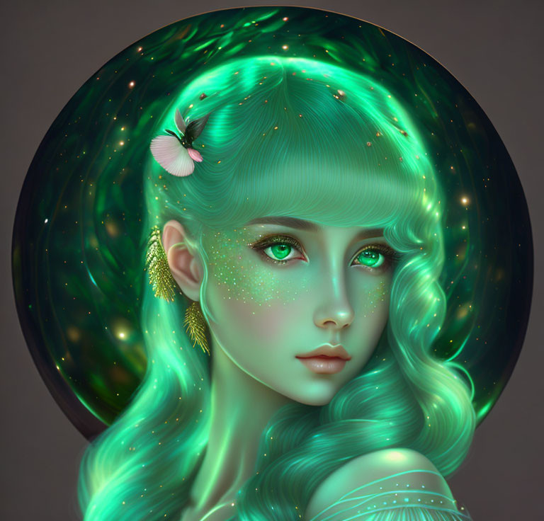 Digital artwork: Woman with glowing green hair and pink flower, golden leaf earring, on dark circular