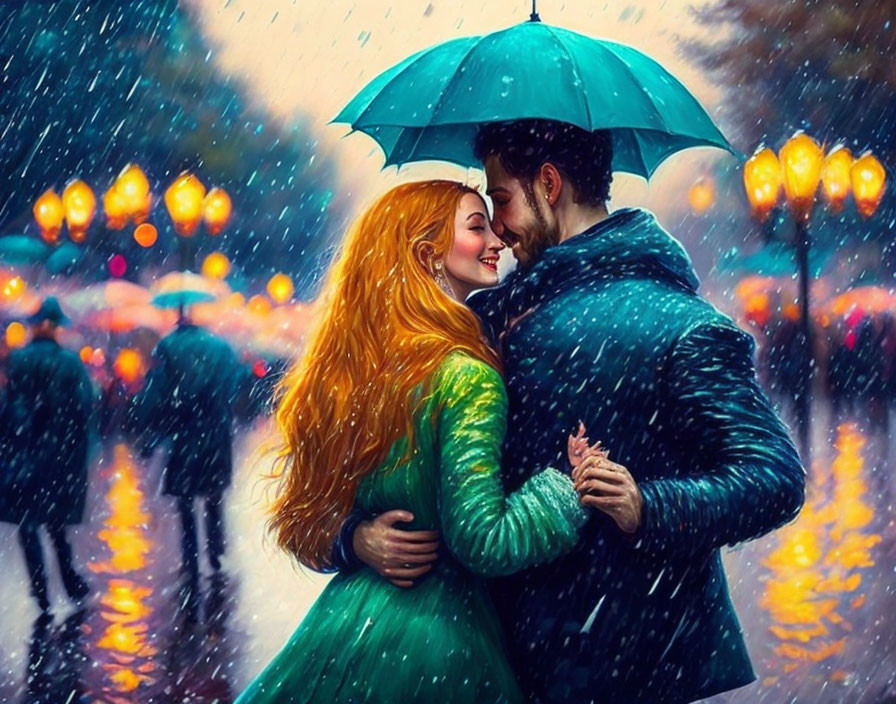 Romantic Couple Embracing Under Blue Umbrella in Rainy Lantern-Lit Street