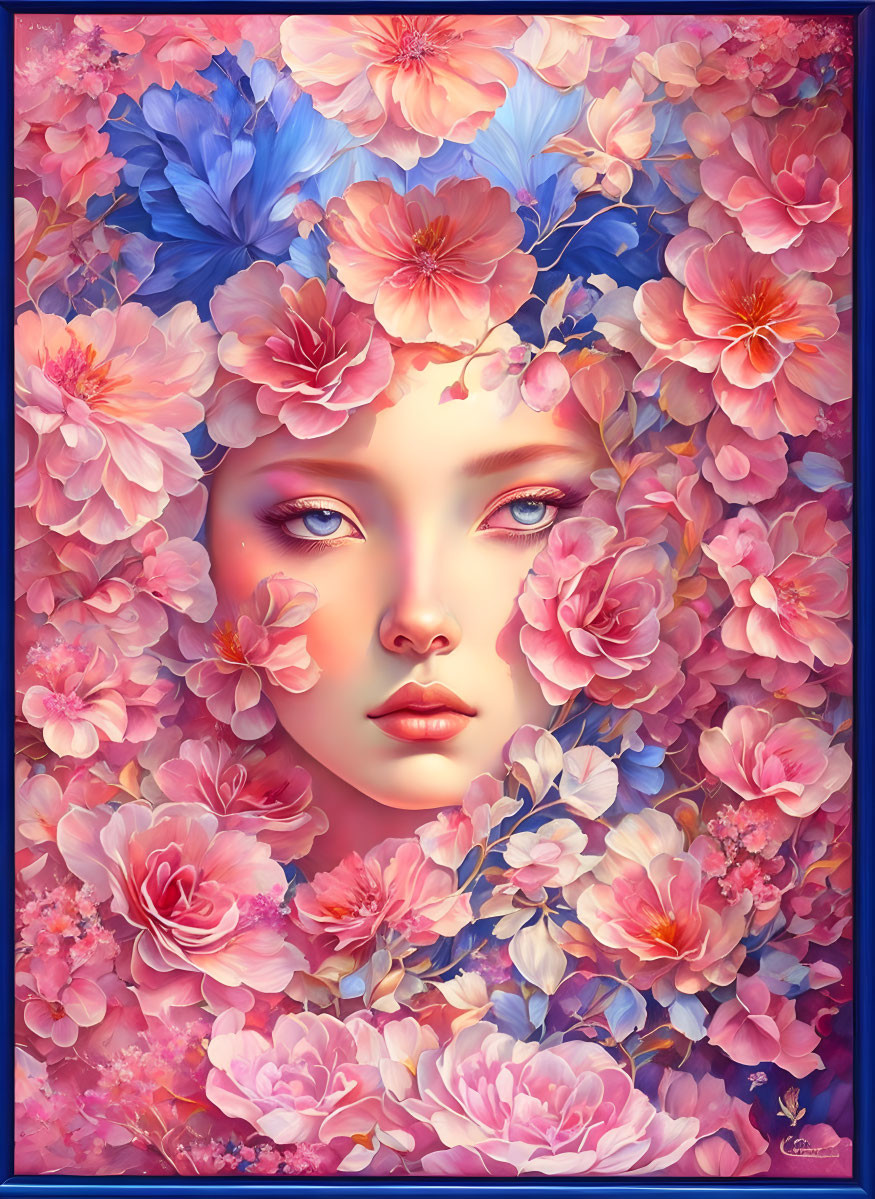 Vibrant pink and blue floral portrait of a serene woman