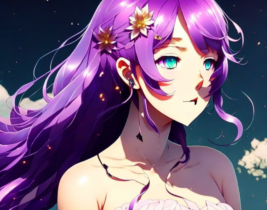 Anime-style girl with purple hair and golden flowers, turquoise eyes, starry night sky.