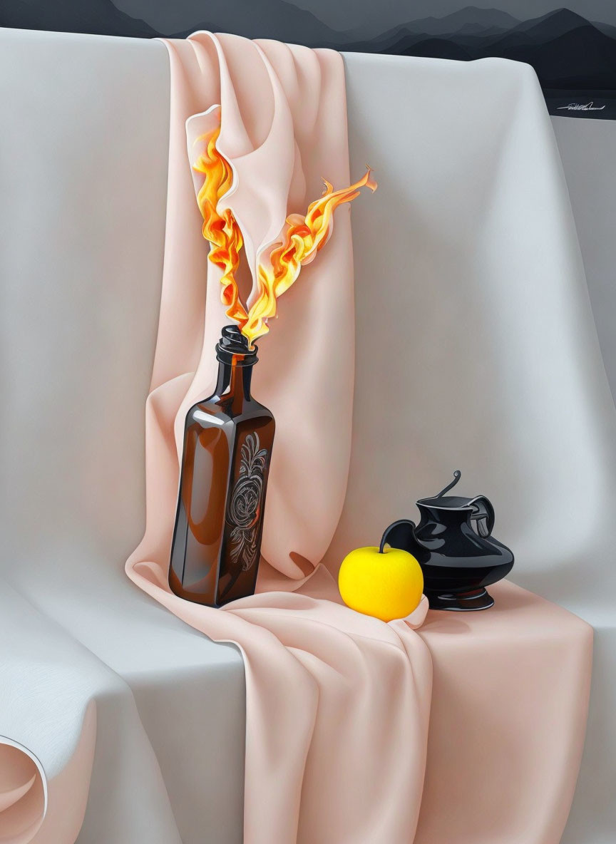 Surrealist image: Burning flame, incense burner, lemon on draped fabric