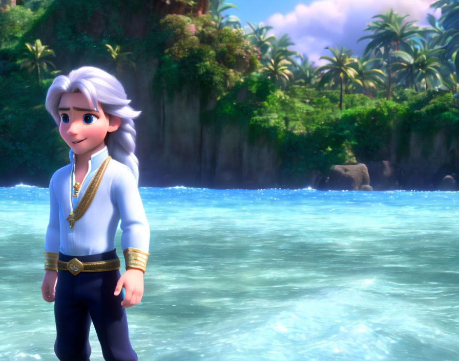 Silver-haired animated character on tropical shore with palm trees.