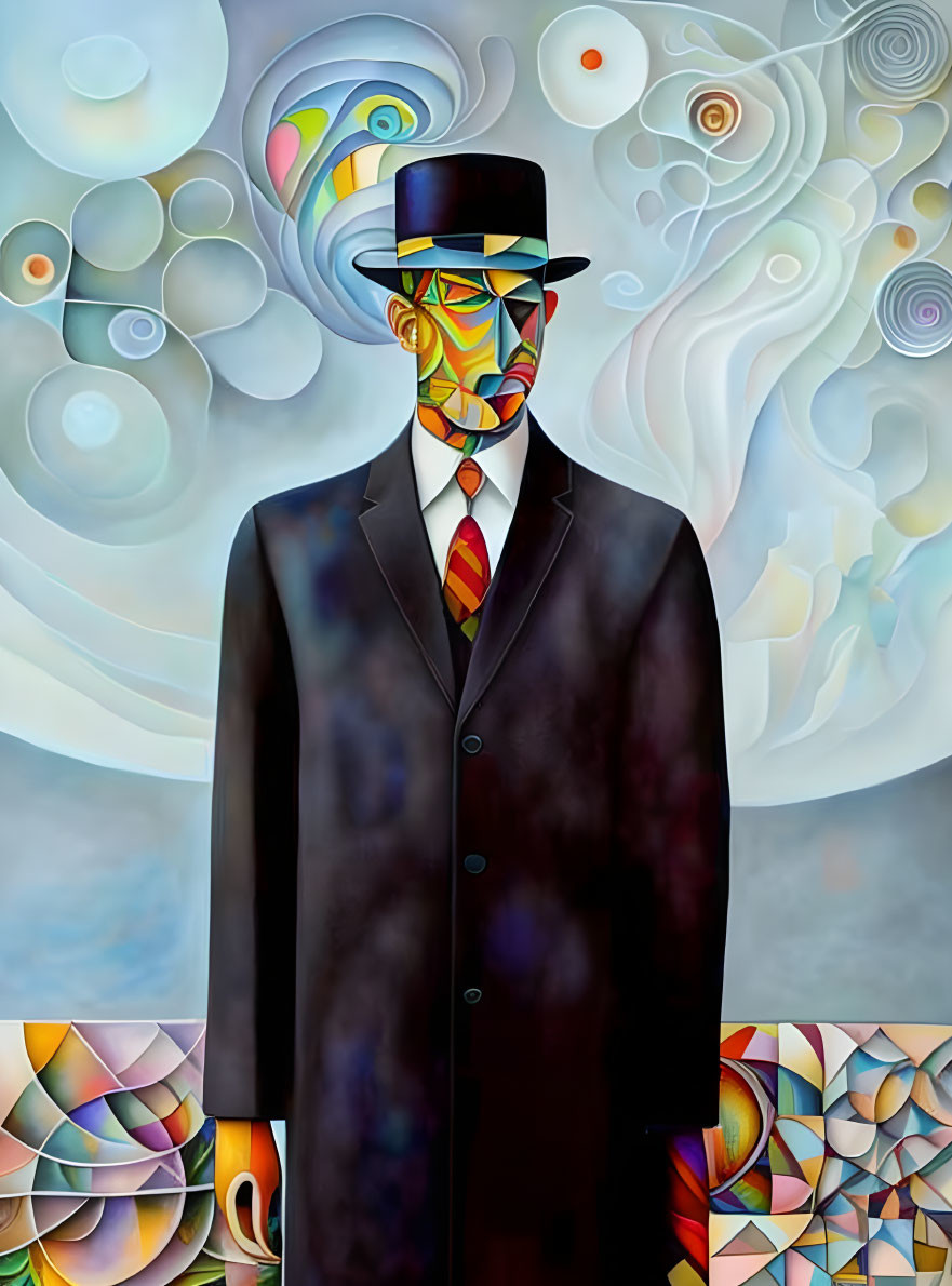 Colorful Abstract Painting of Man in Suit and Hat with Geometric Face