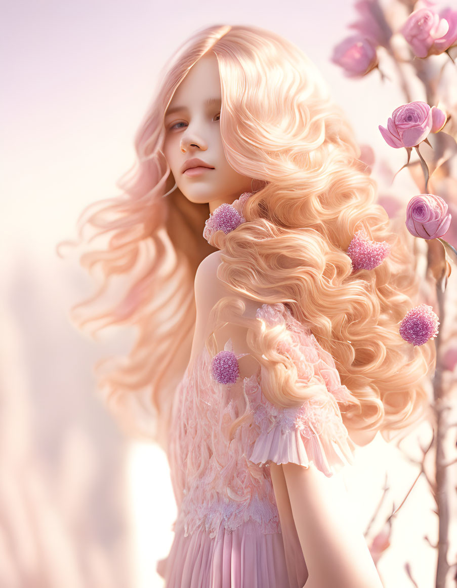 Digital artwork: Person with voluminous blond hair, pink flowers, ruffled dress on pastel background