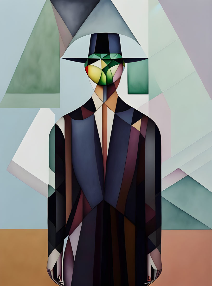 Cubist-style painting with geometric figure and background