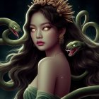 Mystical woman with flower-adorned hair surrounded by serpents