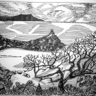 Detailed Monochromatic Landscape with Mountains, Lake, and Tree